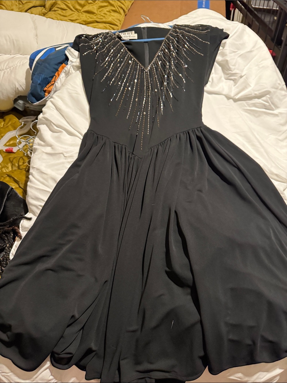 Saks Fifth Avenue Black Midi Dress with Silver Beaded Burst Neckline